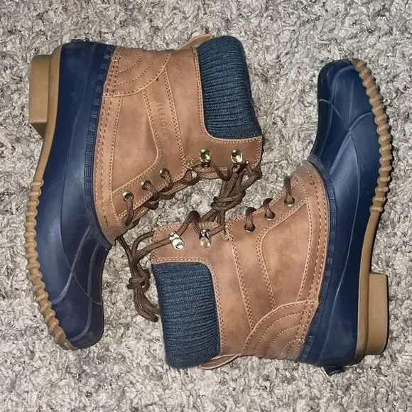 Tommy Hilfiger Cuffed Leather Winter Duck Navy Khaki Twreise Vintage 90s Boot - Picture 4 of 12